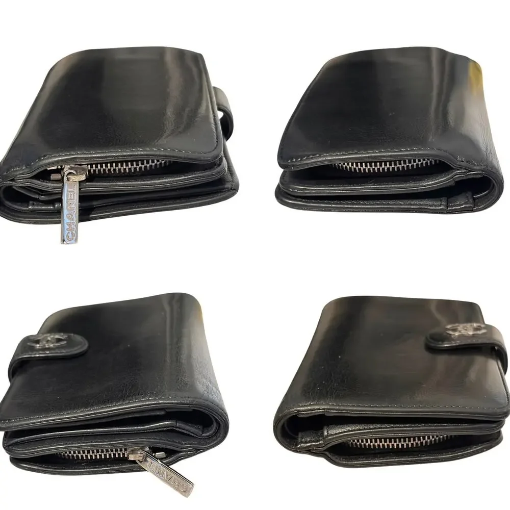 Chanel Black Lambskin Long Bifold Wallet Silver CC Snap Flap Zip Coin Pocket
